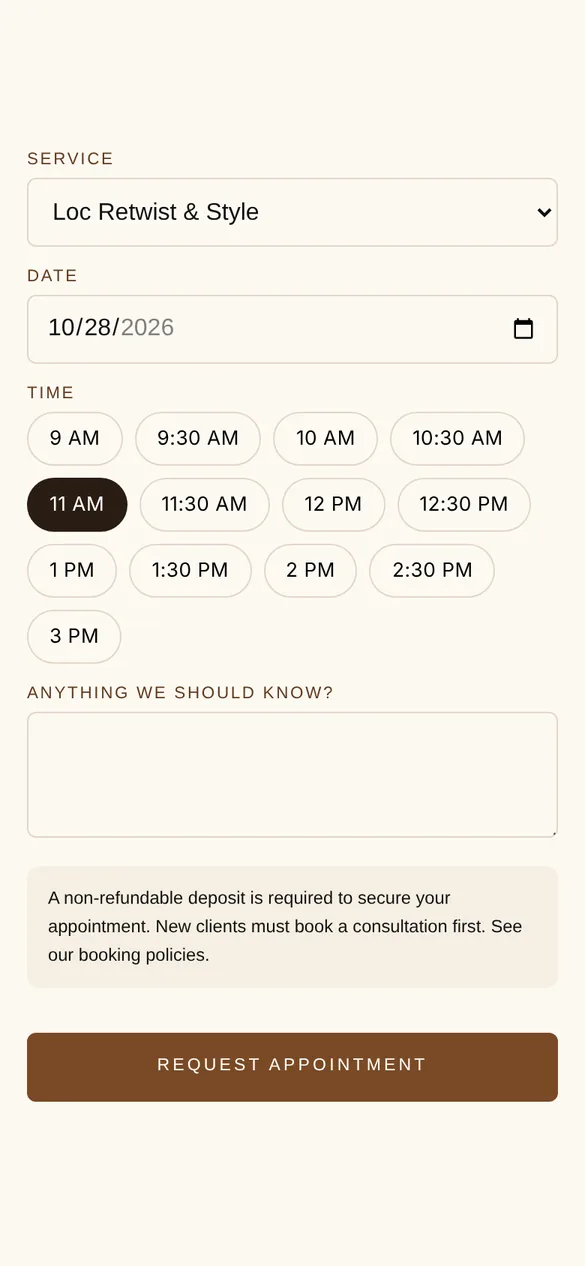 Online booking form with open time slots